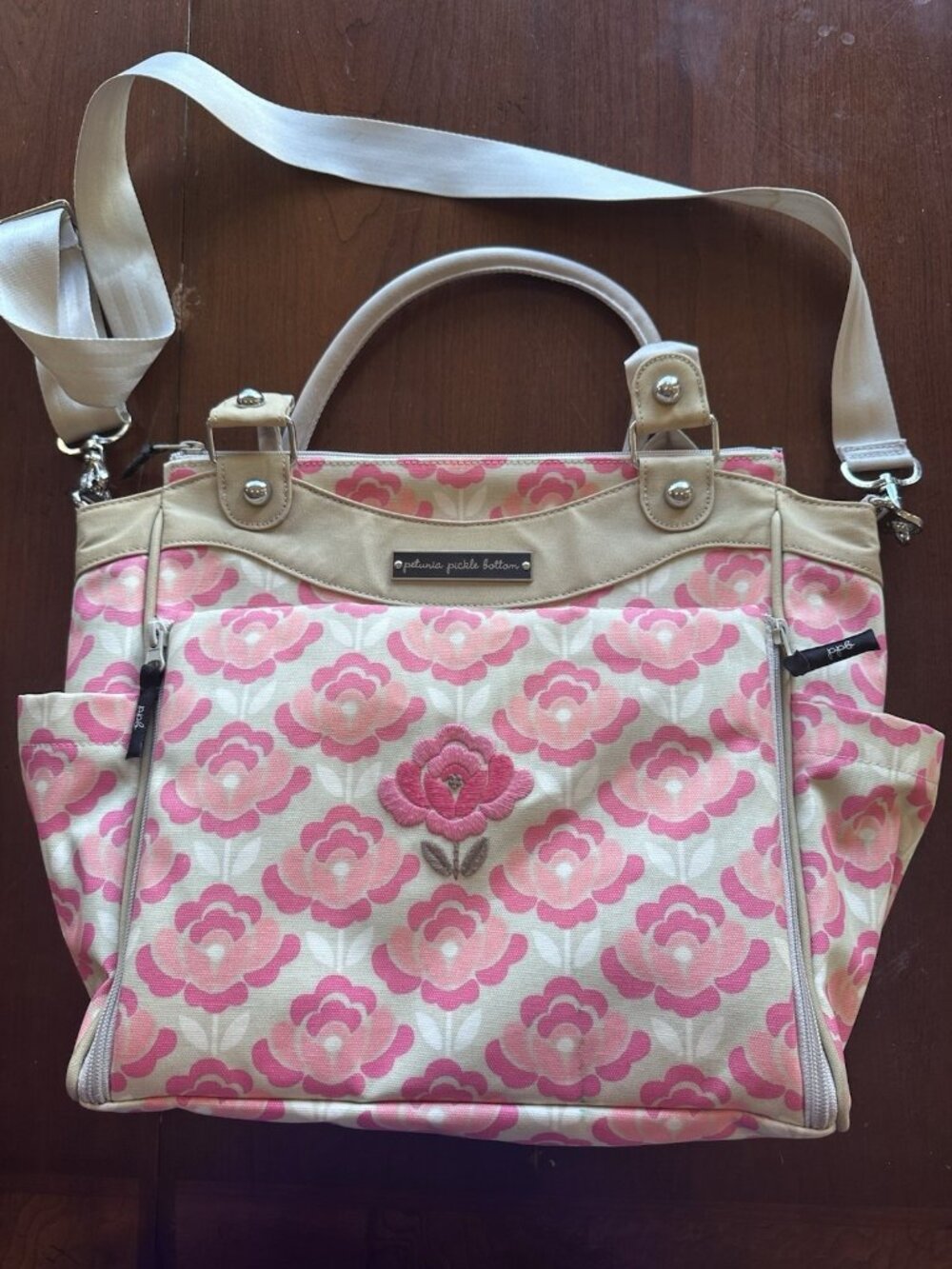 Petunia Pickle Bottom Diaper Bag Pink White Floral Adjustable Straps